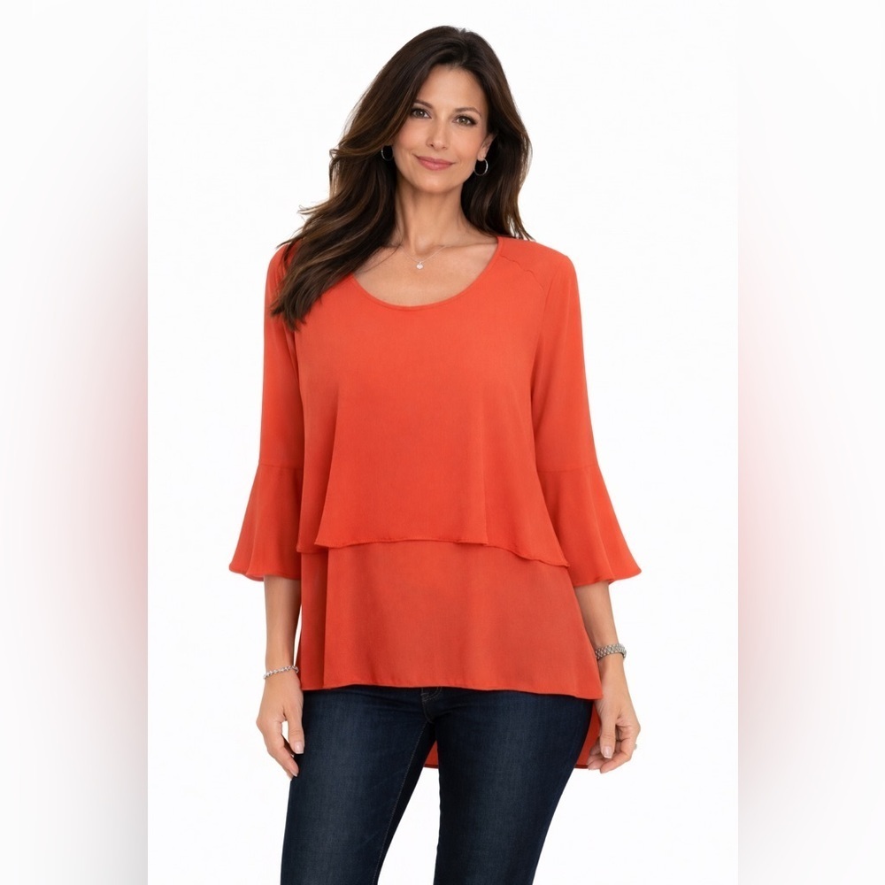 Bali Womens Coral Top Size Medium 3/4 Flutter Sleeve High Low